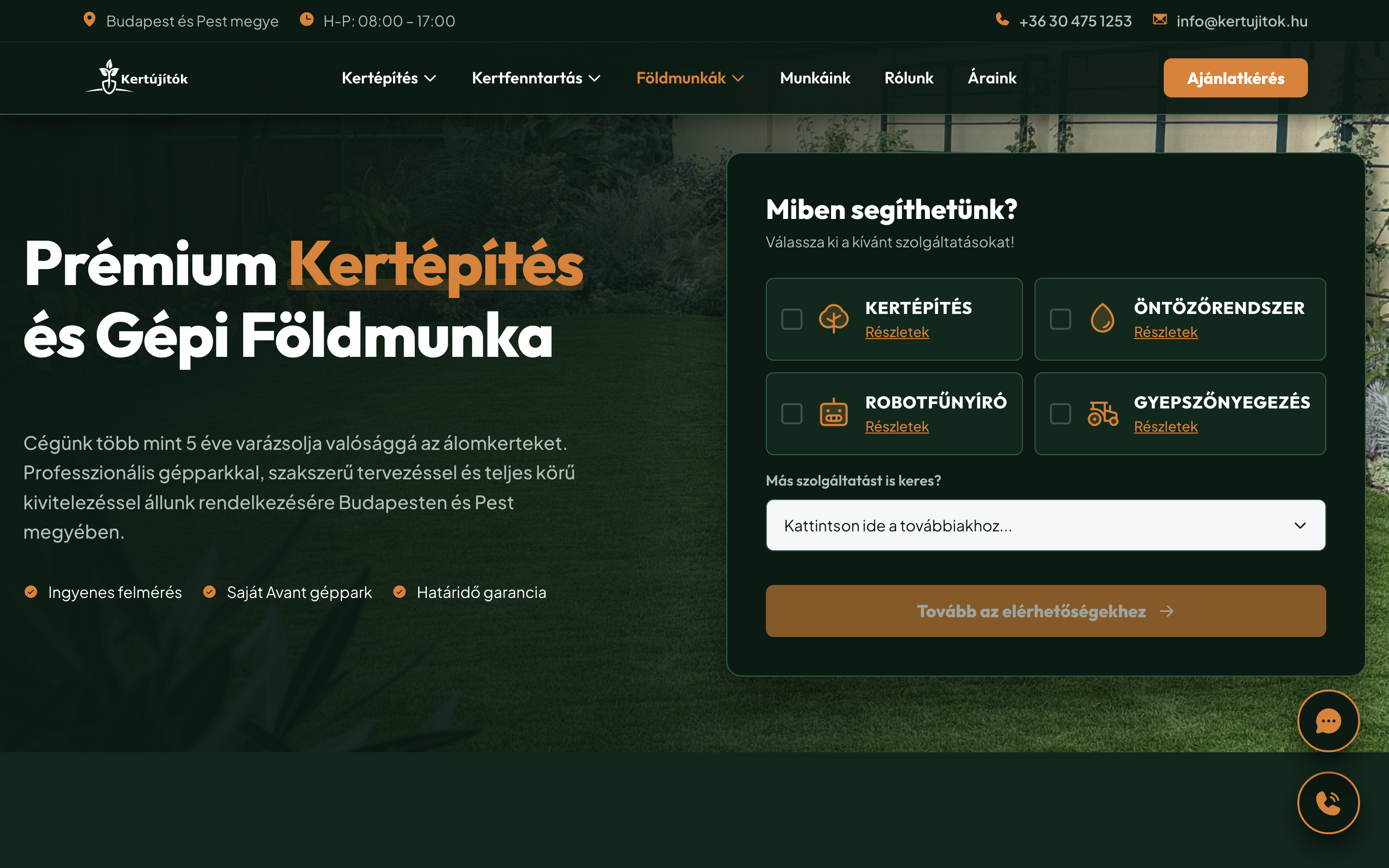 Kertújítók weboldal ajánlatkérő űrlappal